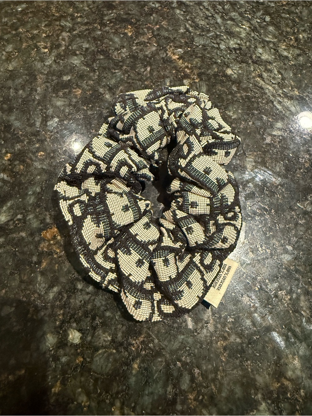 Beaded Black and Cream Patterned Scrunchie